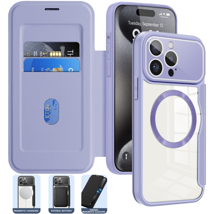 For iPhone 15 Pro Colored Shield MagSafe Magnetic RFID Anti-theft Leather Phone Case(Purple) - iPhone 15 Pro Cases by PMC TechLife | Online Shopping South Africa | PMC TechLife
