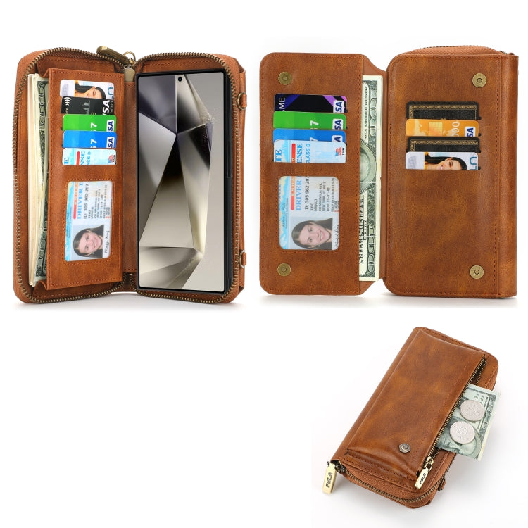 For Samsung Galaxy S24 Ultra 5G Crossbody Multi-functional Zipper Wallet Leather Phone Case(Brown)