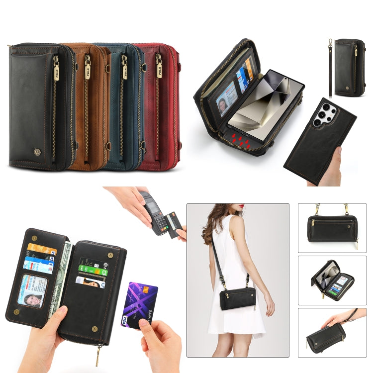 For Samsung Galaxy S24+ 5G Crossbody Multi-functional Zipper Wallet Leather Phone Case(Brown)
