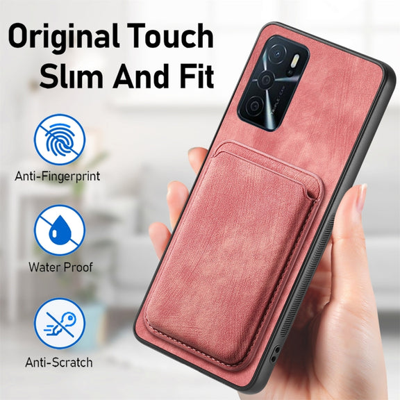 For OPPO A17 Retro Leather Card Bag Magnetic Phone Case(Pink)