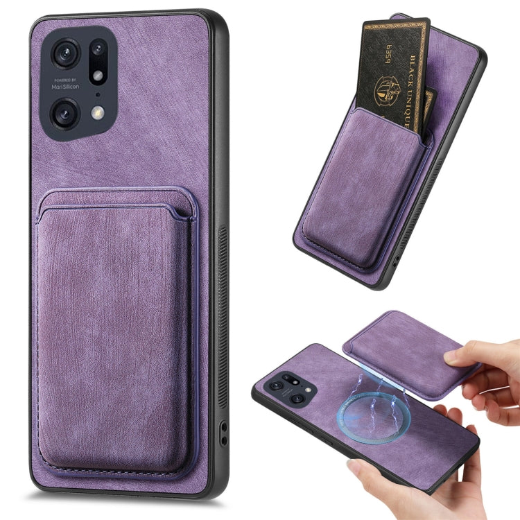 For OPPO Find X5 Pro Retro Leather Card Bag Magnetic Phone Case(Purple) - OPPO Cases by PMC TechLife | Online Shopping South Africa | PMC TechLife | Buy Now Pay Later Mobicred