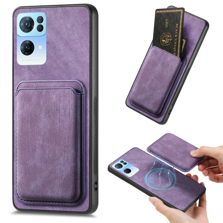 For OPPO Reno7 Pro 5G Retro Leather Card Bag Magnetic Phone Case(Purple) - OPPO Cases by PMC TechLife | Online Shopping South Africa | PMC TechLife | Buy Now Pay Later Mobicred