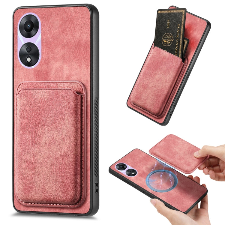 For OPPO A78 5G / A58 5G Retro Leather Card Bag Magnetic Phone Case(Pink) - OPPO Cases by PMC TechLife | Online Shopping South Africa | PMC TechLife | Buy Now Pay Later Mobicred