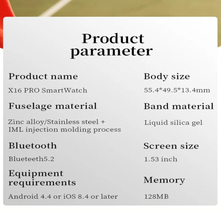X16pro 1.53 inch Color Screen Smart Watch, Support Bluetooth Call / Heart Rate / Blood Pressure / Blood Oxygen Monitoring(Black)