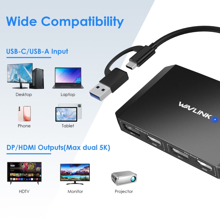 WAVLINK WL-UG69DH2 Dual Monitor USB+Type-C to Dual 4K HD DisplayPort Adapter Splitter(Black)