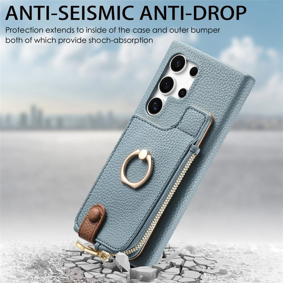 For Samsung Galaxy S24 Ultra 5G Litchi Leather Oil Edge Ring Zipper Wallet Back Phone Case(Blue)