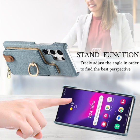 For Samsung Galaxy S24 Ultra 5G Litchi Leather Oil Edge Ring Zipper Wallet Back Phone Case(Blue)