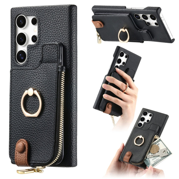 For Samsung Galaxy S24 Ultra 5G Litchi Leather Oil Edge Ring Zipper Wallet Back Phone Case(Black)