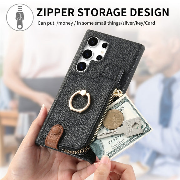 For Samsung Galaxy S24 Ultra 5G Litchi Leather Oil Edge Ring Zipper Wallet Back Phone Case(Black)