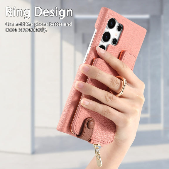 For Samsung Galaxy S24 Ultra 5G Litchi Leather Oil Edge Ring Zipper Wallet Back Phone Case(Pink)