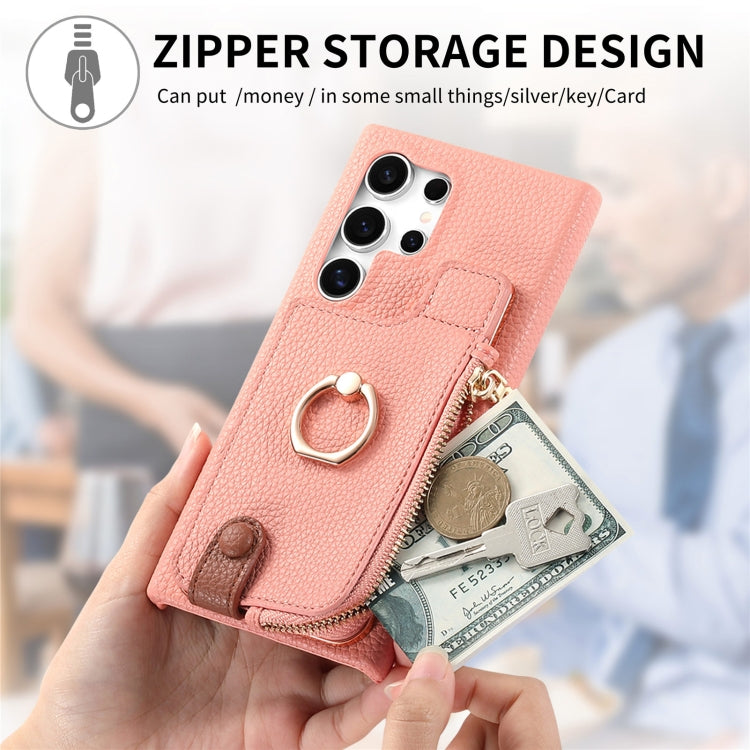 For Samsung Galaxy S24 Ultra 5G Litchi Leather Oil Edge Ring Zipper Wallet Back Phone Case(Pink)