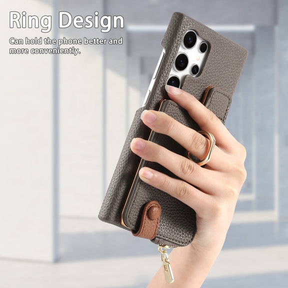 For Samsung Galaxy S24 Ultra 5G Litchi Leather Oil Edge Ring Zipper Wallet Back Phone Case(Grey)