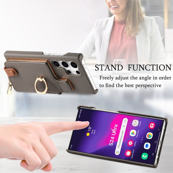 For Samsung Galaxy S24 Ultra 5G Litchi Leather Oil Edge Ring Zipper Wallet Back Phone Case(Grey)