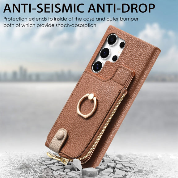For Samsung Galaxy S24 Ultra 5G Litchi Leather Oil Edge Ring Zipper Wallet Back Phone Case(Brown)