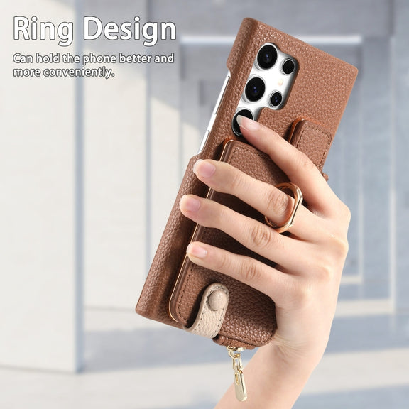 For Samsung Galaxy S24 Ultra 5G Litchi Leather Oil Edge Ring Zipper Wallet Back Phone Case(Brown)