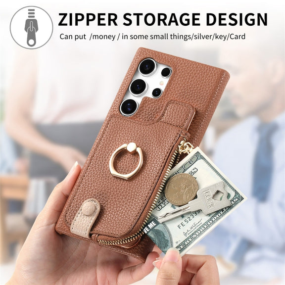 For Samsung Galaxy S24 Ultra 5G Litchi Leather Oil Edge Ring Zipper Wallet Back Phone Case(Brown)