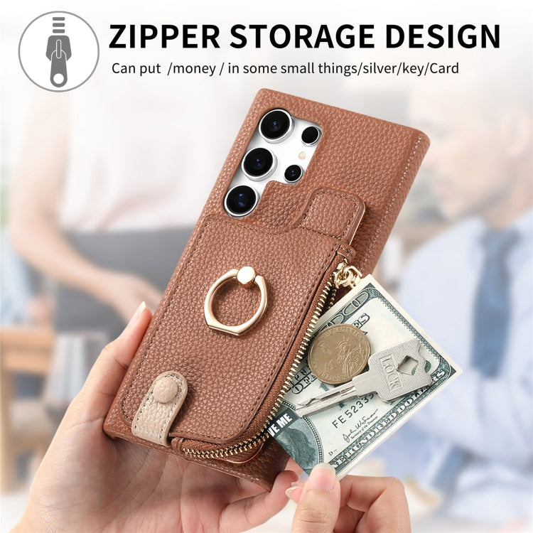 For Samsung Galaxy S24 Ultra 5G Litchi Leather Oil Edge Ring Zipper Wallet Back Phone Case(Brown)
