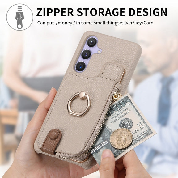 For Samsung Galaxy S24+ 5G Litchi Leather Oil Edge Ring Zipper Wallet Back Phone Case(White)