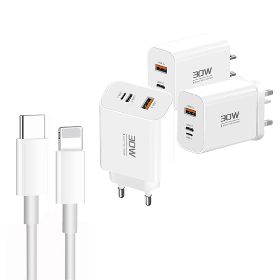 PD30W USB-C / Type-C + 8 Pin + USB Charger with Type-C to 8 Pin Date Cable(EU Plug)