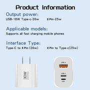 PD30W USB-C / Type-C + 8 Pin + USB Charger with Type-C to 8 Pin Date Cable(EU Plug)