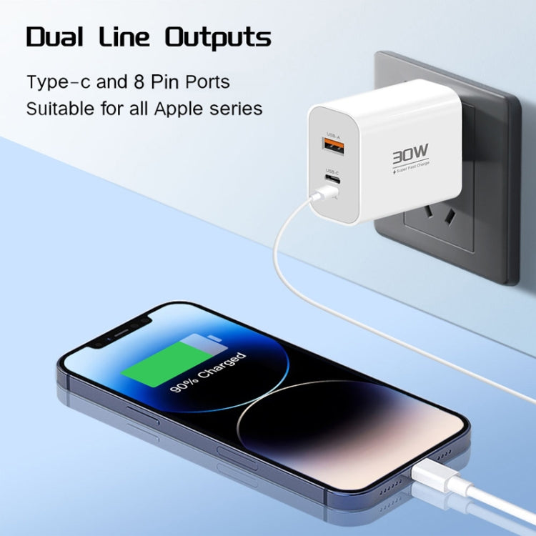 PD30W USB-C / Type-C + 8 Pin + USB Charger with Type-C to 8 Pin Date Cable(EU Plug)