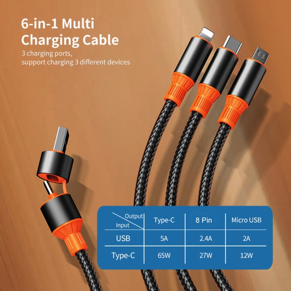 ENKAY 6-in-1 5A USB + Type-C to Type-C / 8 Pin / Micro USB Multifunction Fast Charging Cable, Length:1.2m(Black Orange)