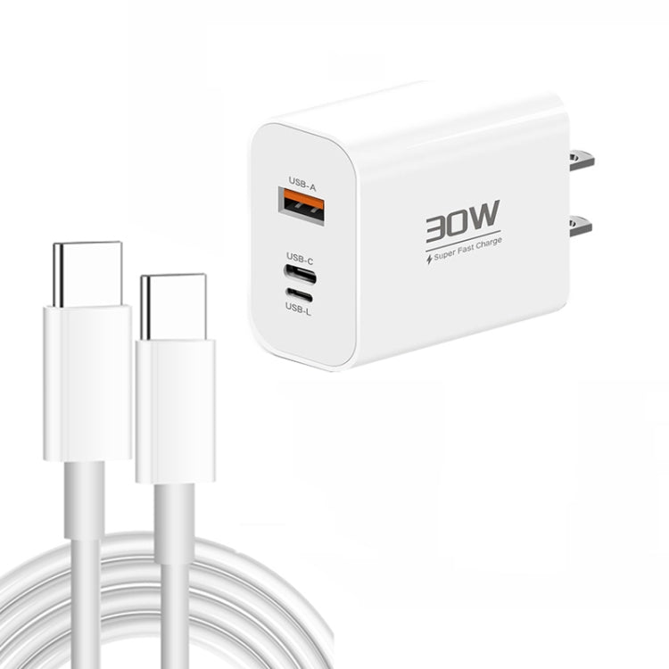 PD30W USB-C / Type-C + 8 Pin + USB Charger with Double Headed Type-C Data Cable(US Plug) - USB Charger by PMC TechLife | Online Shopping South Africa | PMC TechLife | Buy Now Pay Later Mobicred