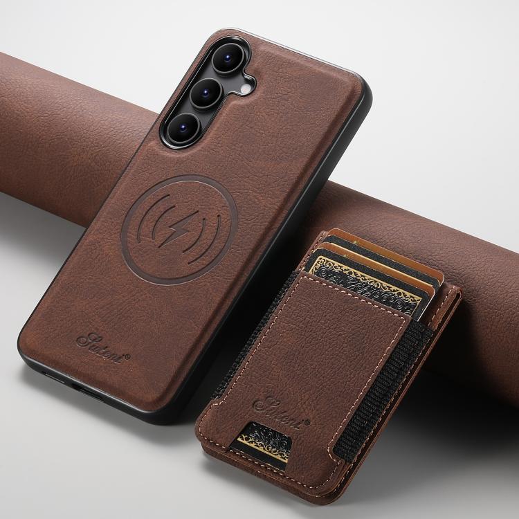 For Samsung Galaxy S25 5G Suteni H17 Litchi Texture Leather MagSafe Detachable Wallet Phone Case(Brown)