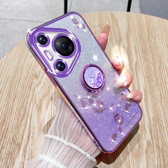 For Huawei Pura 70 Gradient Glitter Immortal Flower Ring All-inclusive Phone Case(Purple)