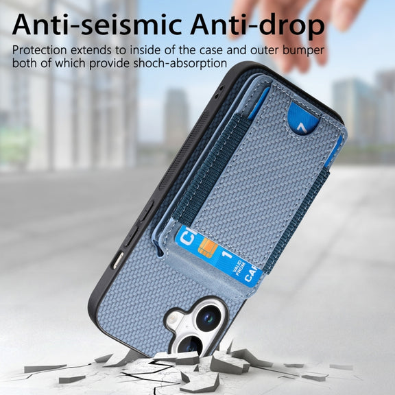 For iPhone 16 Carbon Fiber Vertical Flip Wallet Stand Phone Case(Blue)