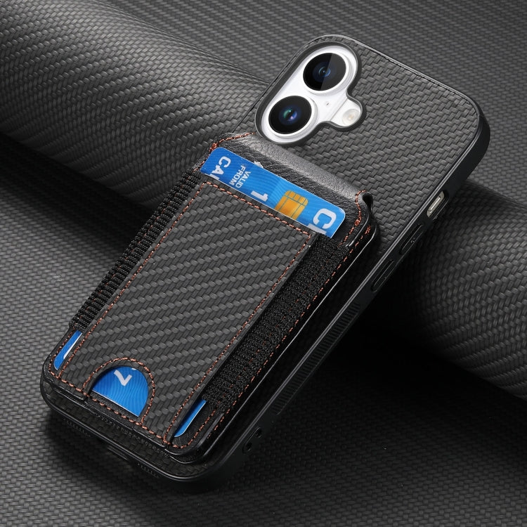 For iPhone 16 Carbon Fiber Vertical Flip Wallet Stand Phone Case(Black)