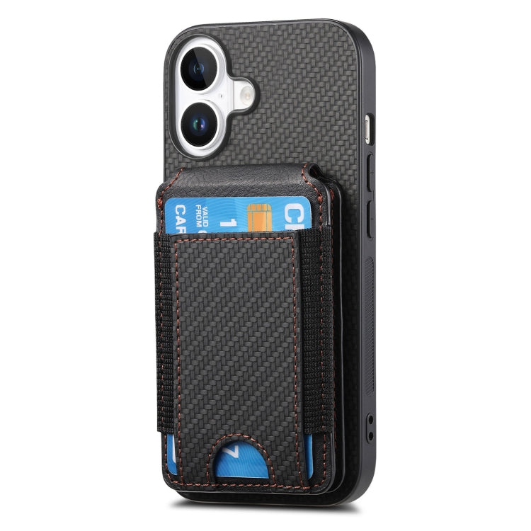 For iPhone 16 Carbon Fiber Vertical Flip Wallet Stand Phone Case(Black)