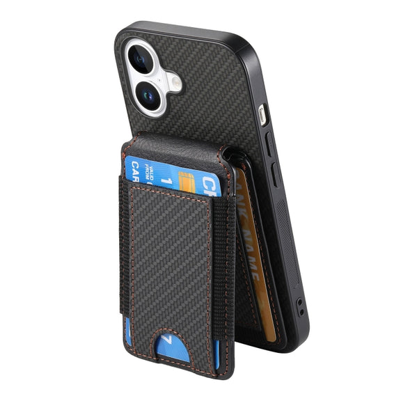 For iPhone 16 Carbon Fiber Vertical Flip Wallet Stand Phone Case(Black)