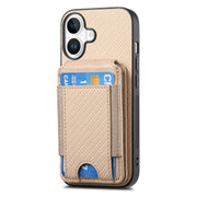 For iPhone 16 Carbon Fiber Vertical Flip Wallet Stand Phone Case(Khaki)