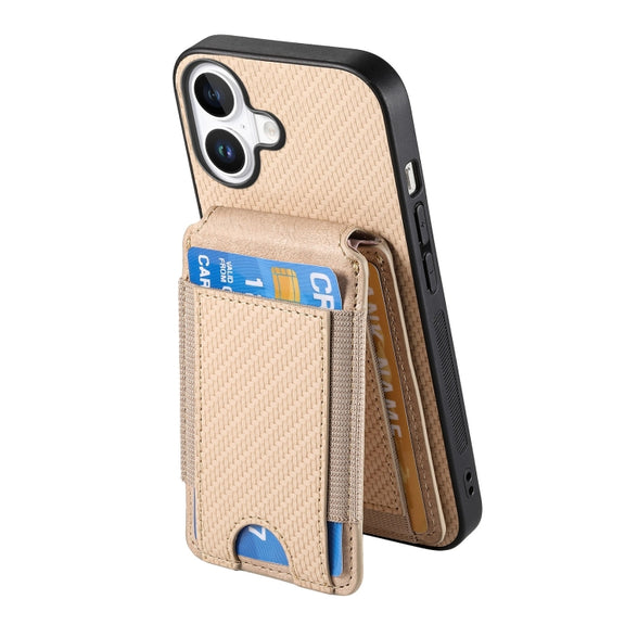 For iPhone 16 Carbon Fiber Vertical Flip Wallet Stand Phone Case(Khaki)