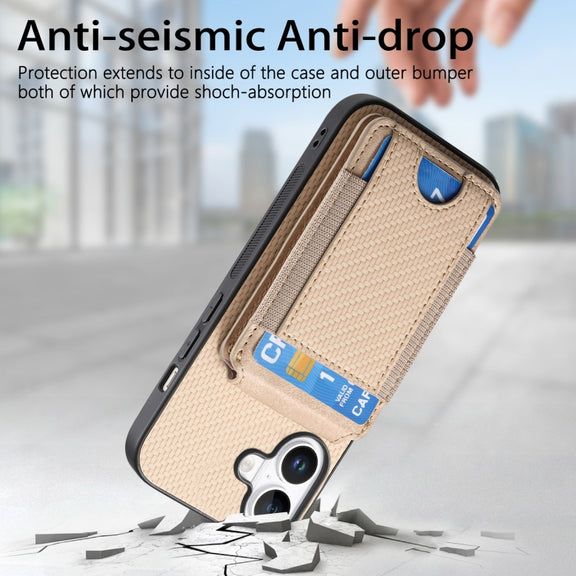 For iPhone 16 Carbon Fiber Vertical Flip Wallet Stand Phone Case(Khaki)