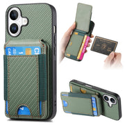 For iPhone 16 Carbon Fiber Vertical Flip Wallet Stand Phone Case(Green)