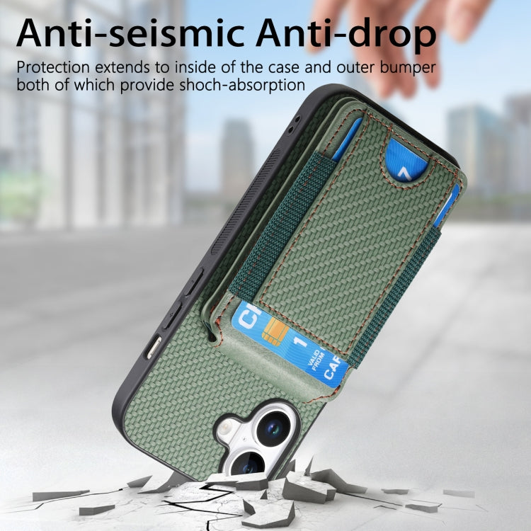 For iPhone 16 Carbon Fiber Vertical Flip Wallet Stand Phone Case(Green)