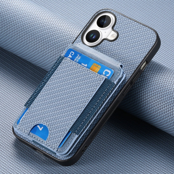 For iPhone 16 Plus Carbon Fiber Vertical Flip Wallet Stand Phone Case(Blue)