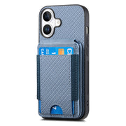 For iPhone 16 Plus Carbon Fiber Vertical Flip Wallet Stand Phone Case(Blue)