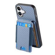For iPhone 16 Plus Carbon Fiber Vertical Flip Wallet Stand Phone Case(Blue)