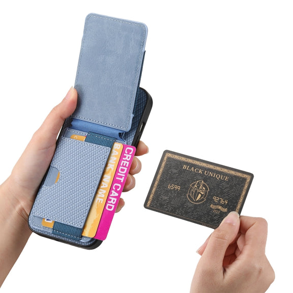 For iPhone 16 Plus Carbon Fiber Vertical Flip Wallet Stand Phone Case(Blue)