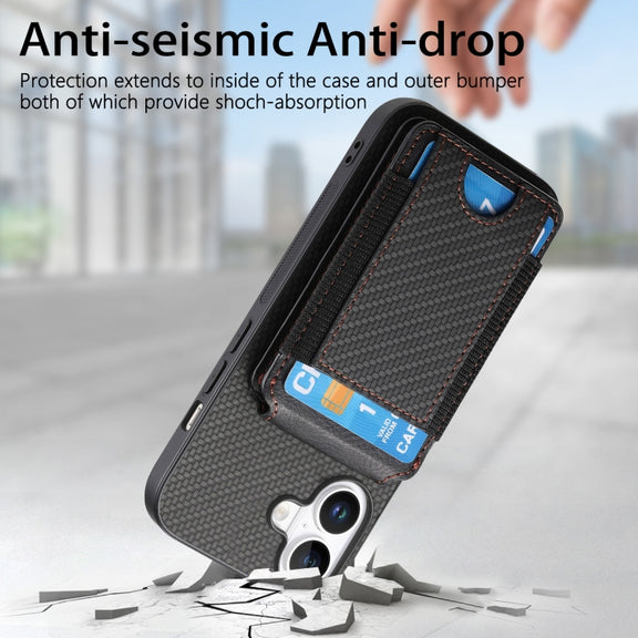 For iPhone 16 Plus Carbon Fiber Vertical Flip Wallet Stand Phone Case(Black)