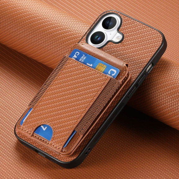 For iPhone 16 Plus Carbon Fiber Vertical Flip Wallet Stand Phone Case(Brown)