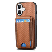 For iPhone 16 Plus Carbon Fiber Vertical Flip Wallet Stand Phone Case(Brown)