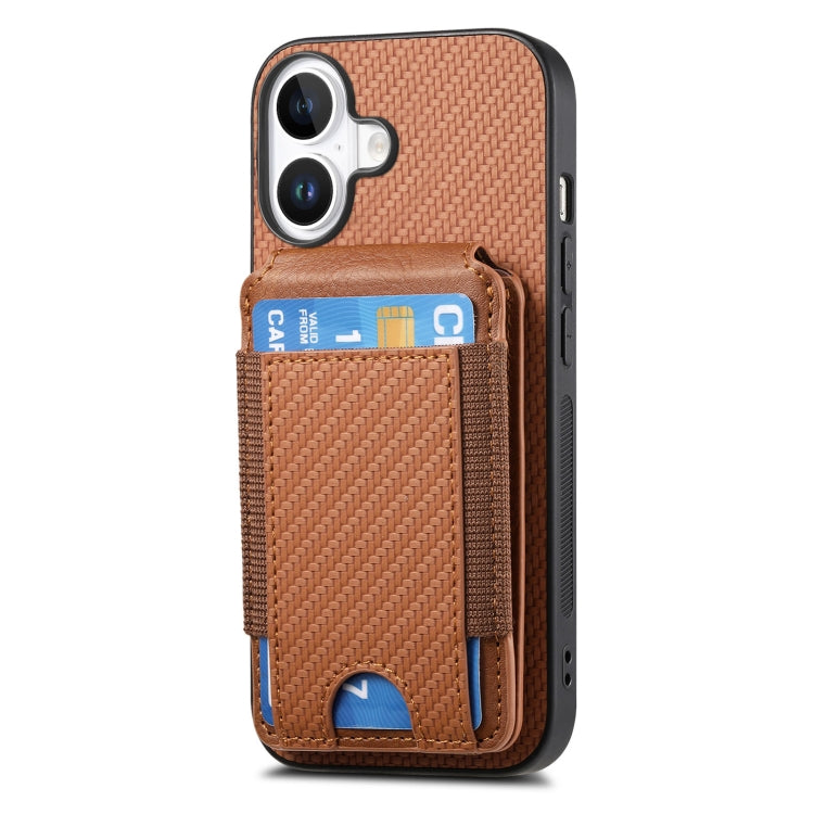 For iPhone 16 Plus Carbon Fiber Vertical Flip Wallet Stand Phone Case(Brown)