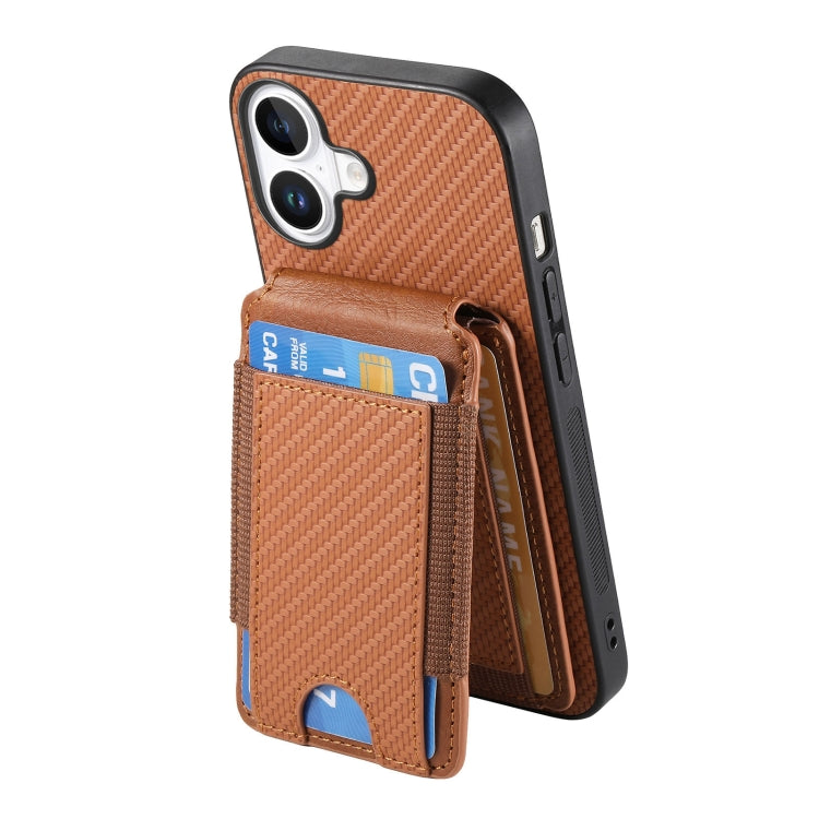 For iPhone 16 Plus Carbon Fiber Vertical Flip Wallet Stand Phone Case(Brown)