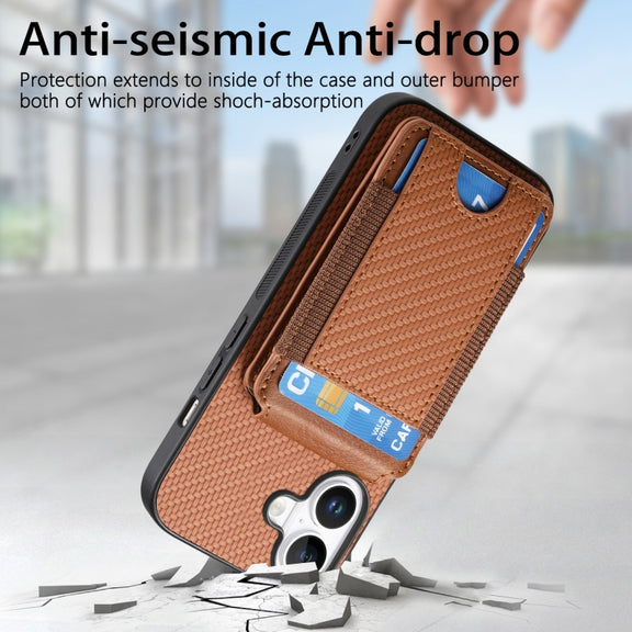For iPhone 16 Plus Carbon Fiber Vertical Flip Wallet Stand Phone Case(Brown)
