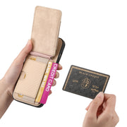 For iPhone 16 Plus Carbon Fiber Vertical Flip Wallet Stand Phone Case(Khaki)