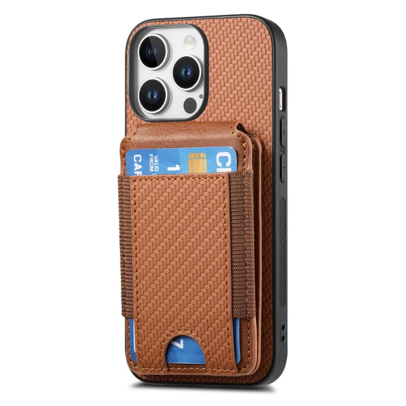 For iPhone 16 Pro Carbon Fiber Vertical Flip Wallet Stand Phone Case(Brown)